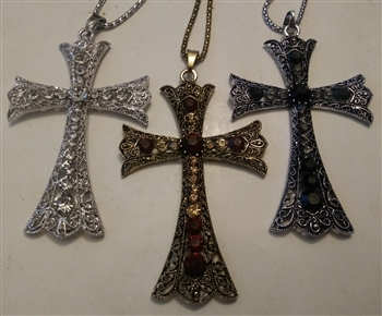 Fancy Filigree Cross with Red, White, or Black Rhinestones 3 1/4'' With  27'' Ball Chain